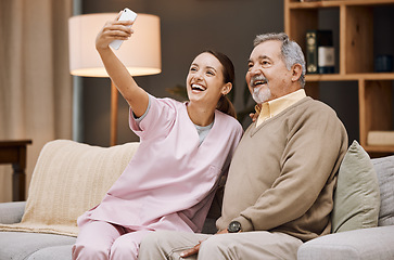 Image showing Nurse, selfie and old man in nursing home with smartphone and smile for picture, caregiver and retirement. Health, photography with phone and care, young woman and nursing with elderly man wellness.