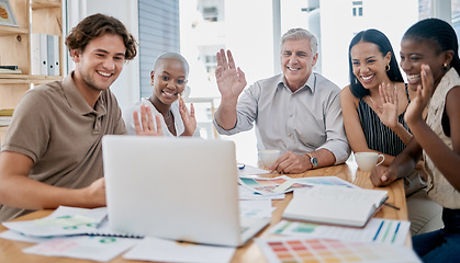 Image showing Video call, meeting and business people on laptop in office for virtual networking, global communication and brand marketing team. Zoom call, corporate employee wave and creative workshop technology