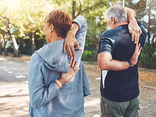 Image showing Back, senior couple and stretching outdoor for exercise, fitness or training for wellness, health or bonding. Sports, mature man and old woman in nature, workout or practice for healthcare or balance