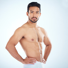 Image showing Body, fitness and portrait of man in studio isolated on a gray background mockup. Sports, training and athletic, strong and healthy male model ready for exercise or workout for health and wellness