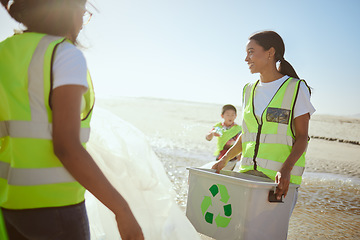 Image showing Recycling, youth collaboration and beach cleaning for environmental sustainability, volunteer teamwork and global sustainability. Garbage recycle project, eco friendly team and action for ocean waste