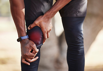 Image showing Knee pain, injury and leg of a man training in nature, fitness accident and muscle sprain in Australia. Medical emergency, inflammation and athlete with a broken bone after cardio running in a park