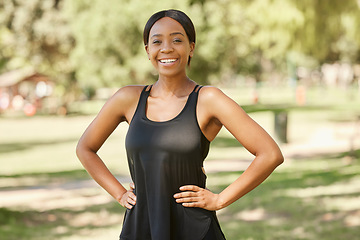 Image showing Portrait, fitness or black woman in nature ready for training, exercise or park workout in summer. Wellness, face or healthy African girl with a calm, peaceful or happy smile in Nigeria with freedom