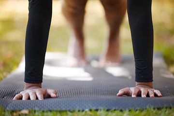 Image showing Hands, fitness push up and woman at park alone for health, wellness and strength. Sports, nature and female athlete training, exercise and workout outdoors for strong muscles, energy and healthy body