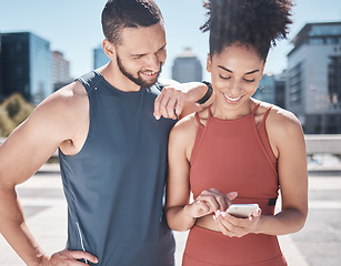 Image showing Fitness, workout and black couple with phone in city for running, marathon training and workout. Love, sports and man and woman on smartphone for social media, internet and health progress mobile app