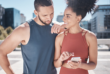 Image showing Fitness, city and black couple with phone for workout, running exercise and marathon training. Love, sports and man and woman on smartphone for social media, internet and health progress mobile app