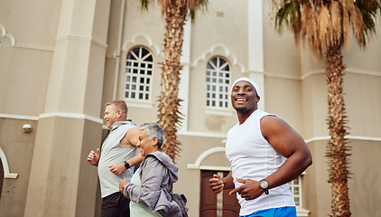 Image showing City, fitness or people running in a marathon race, sports exercise or cardio workout outdoors. Motivation, healthy runners or happy black man training with senior woman for targets or body goals