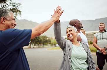 Image showing Fitness, high five and senior people or friends with support, accountability and teamwork in nature training, exercise or workout. Wellness, community and old couple with target, success or goal sign