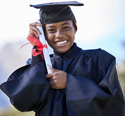 Image showing Graduate, certificate with education and black woman portrait, university success and graduation with achievement. Student in graduation cap outdoor, motivation and future, happy woman with diploma