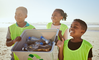 Image showing Environment, kids and cleaning beach, eco friendly and waste management for sustainability, awareness and recycle. Volunteer, children and seaside to pick up trash, ocean pollution and global warming