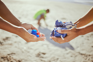 Image showing Hands, trash collection and beach clean up help for climate change wellness, environment sustainability or global warming change. Zoom, cleaning people and holding plastic garbage for ocean recycling