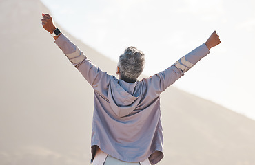 Image showing Nature, senior woman arms in air and fitness on mountains mockup for exercise, training or workout goals, success and achievement. Winner, stretching or healthy elderly runner with rear for wellness