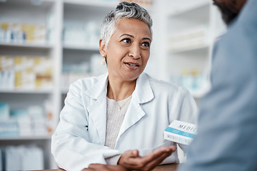 Image showing Medicine, pharmacy and pills with woman and customer in store for consulting, shopping and help. Sale, healthcare and advice with pharmacist and patient for product, retail and treatment prescription