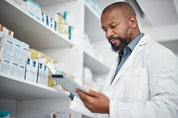 Image showing Pharmacy, medicine and black man with tablet to check inventory, stock and medication for online prescription. Healthcare, medical worker and pharmacist with pills, health products and checklist