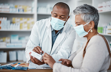 Image showing Covid, pharmacy or doctor with medicine for old woman or sick senior patient in face mask shopping for pills or drugs. Healthcare, coronavirus or pharmacist talking, helping or giving medical advice