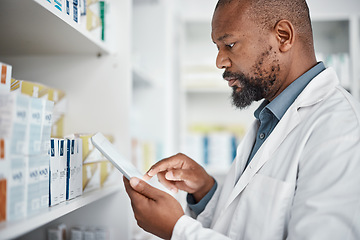 Image showing Pharmacy, medicine and black man with tablet to check inventory, stock and medication for online prescription. Healthcare, medical worker and pharmacist with pills, health products and checklist