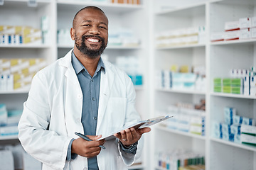 Image showing Pharmacy, portrait and black man with clipboard, medicine and pill prescription. African American male, pharmacist and medical professional writing, make notes for stock and inventory for healthcare.