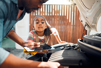 Image showing Car problem, tablet and diagnostic software with man and child learning about mechanic repair for family vehicle. Father and daughter or girl bonding while working on engine together using mobile app