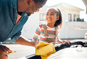 Image showing Car problem, father and child learning to change motor oil, mechanic repair and fix family vehicle outdoor. Black man and daughter bonding while working on engine for transport during road trip