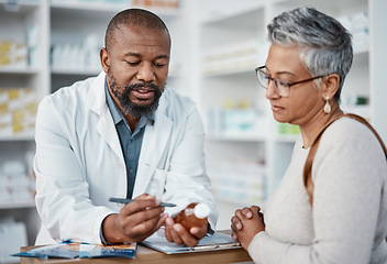 Image showing Pharmacy, black man and woman with healthcare medicine and conversation for instructions. Pharmacist, female patient or medical professional talking, stress or explain prescription to senior customer