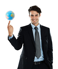 Image showing World globe spin, business man and portrait of global employee with earth, planet and travel sphere. Employee, international success and corporate suit of worker happy with isolated white background