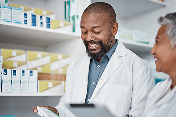 Image showing Pharmacy, doctors or pharmacist with medicine for stock, inventory or supplements products check. Tablet, teamwork or happy senior healthcare people working or speaking of pills or medical drugs