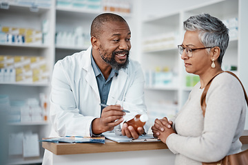 Image showing Pharmacy, black man and woman with healthcare medicine and conversation for instructions. Pharmacist, female patient and medical professional talking, stress and explain for customer and frustrated.