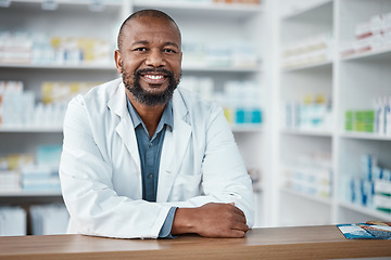 Image showing Medicine, healthcare and portrait of black man at pharmacy for trust, insurance and prescription. Wellness. medication and male pharmacist with pills, vitamins and tablets in hospital dispensary