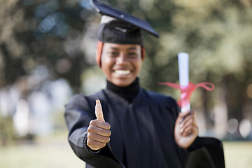 Image showing Portrait, black woman and thumbs up for graduation, university and success with certificate. African American female, girl and hand for goal, achievement and degree for education, smile and graduate