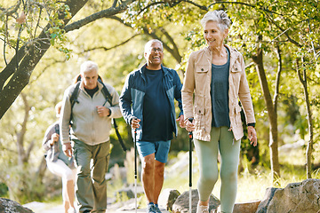 Image showing Hiking, elderly and people, happy outdoor with nature, fitness and fun in park, exercise group trekking in Boston. Diversity, friends and happiness with hike, active lifestyle motivation and senior.