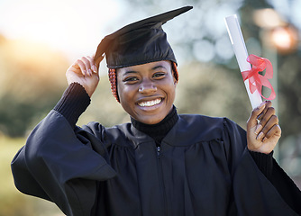 Image showing Graduate, certificate and black woman with graduation cap in portrait, education with university success and achievement. Student, graduation outdoor and motivation, happy woman with diploma