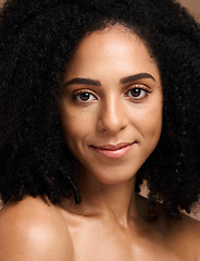 Image showing Black woman, face beauty and skincare portrait with a smile, glow and happiness for clean skin on studio background. Aesthetic model with afro hair and dermatology, cosmetics and makeup results