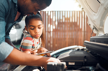 Image showing Father, tablet and child learning about car problem with diagnostic software for mechanic repair. Black man and daughter or girl bonding while working on engine using online tools for family vehicle