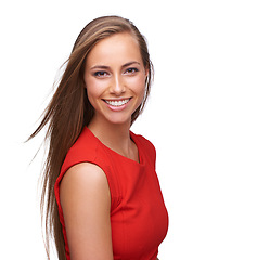 Image showing Face portrait, beauty and a woman with a happy smile isolated on a white background with a positive mindset. Young professional female model with red in studio with makeup, cosmetics and hair care