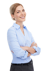 Image showing Portrait, business and woman arms crossed, smile and confident employee isolated on white studio background. Female, ceo and leader with corporate success, marketing manager or leadership for company