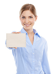 Image showing Happy, mockup and business woman with a card with space for announcement or advertising. Signage, bulletin and portrait of a female model with blank board with copy space by white studio background.