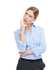 Image showing Business woman, thinking and confused about question while isolated on a white background. Face of a female entrepreneur in studio to think about solution, idea or choice for mockup advertising