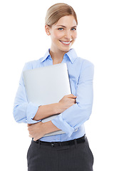 Image showing Corporate, worker and business woman with laptop in portrait, technology and internet network on white background. Company communication, email and employee work, happy professional female with tech