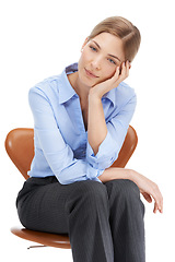 Image showing Thinking business woman, sad or hand on isolated white background in mental health, anxiety or stress burnout. Corporate worker, worried or employee in company investment loss or financial tax crisis