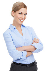 Image showing Portrait, leadership and business woman with arms crossed in studio on white background. Face, boss and smile of happy, confident and proud female from Canada with vision, mission and success mindset
