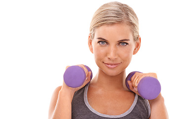 Image showing Studio portrait, dumbbells and woman at training, muscle development and wellness by white background. Weightlifting model, smile on face and isolated for fitness, workout or exercise with body goals