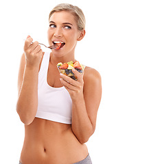 Image showing Diet, eating and portrait of woman with fruit salad, healthy and happy isolated on white background. Health, fruit and salad, beautiful happy woman with food for weight loss and thin waist in studio.