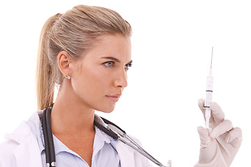 Image showing Doctor, serious face and syringe thinking for healthcare wellness, vitamins or medical drugs in white background. Nurse, pharmaceutical medicine and injection for plastic surgery isolated in studio