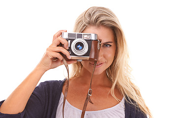 Image showing Photographer, face portrait and woman with camera for vintage photo shooting, picture memory or lens photoshoot. Retro digital photography, paparazzi girl and studio model smile on white background