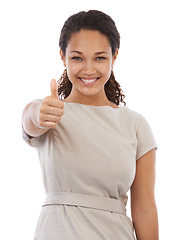 Image showing Thumbs up, satisfaction and studio portrait of black woman with emoji gesture for congratulations, job well done or winner. Agreement, finished and happy girl with yes hand sign on white background