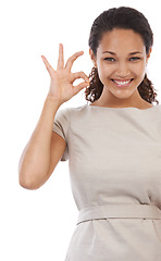 Image showing Ok, success and portrait of woman on a white background for motivation, agreement and encouragement. Marketing, advertising and face of girl isolated in studio for approval, confidence and yes sign