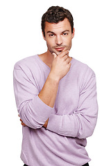 Image showing Fashion, thinking and portrait of man on a white background with trendy, stylish and casual clothes. Inspiration, attitude and fashion model isolated in studio with confidence, ideas and thoughtful