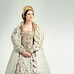 Image showing Queen, medieval with renaissance, history and woman with theatre, Shakespeare and drama isolated on white background. Victorian royalty in vintage dress, monarch and cosplay with female rule mockup