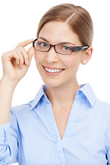 Image showing Portrait, business and woman with glasses, vision and confident lady isolated on white studio background. Entrepreneur, female employee with eyewear, clear sight and happy with success