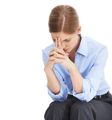 Image showing Corporate worker, hands or stress headache on isolated white background in mental health or anxiety burnout. Thinking business woman, worried or employee in company investment or financial tax crisis